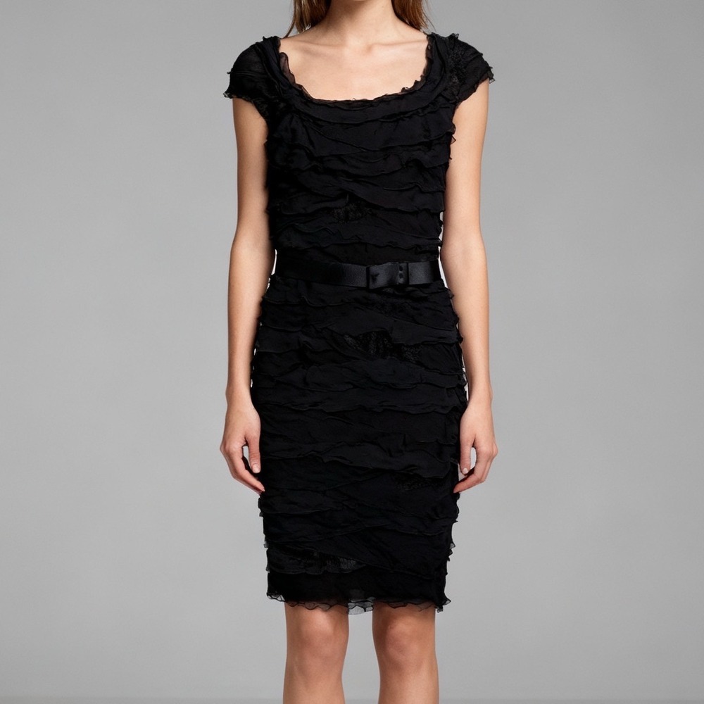 Tadashi Shoji Off the Shoulder Silk Chiffon Ruffle Dress Black‎ size 6